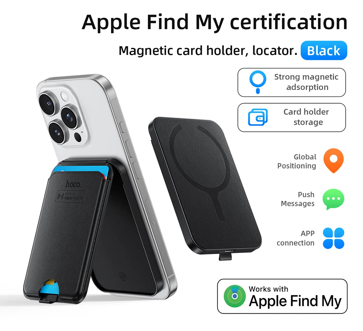 Magnetic Anti-Lost Smart Card Holder with Rechargeable Battery and iOS Find My Network Support