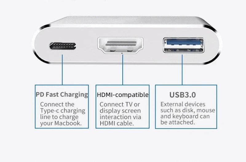 3 in 1 USB-C Hub with 4K HDMI USB 3.0 Data and Type-C Charging Adapter for Laptops