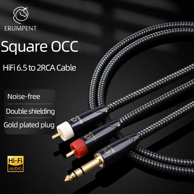 Premium OCC Copper 6.5mm TRS to Dual RCA Stereo Audio Cable for Amplifier and Speaker
