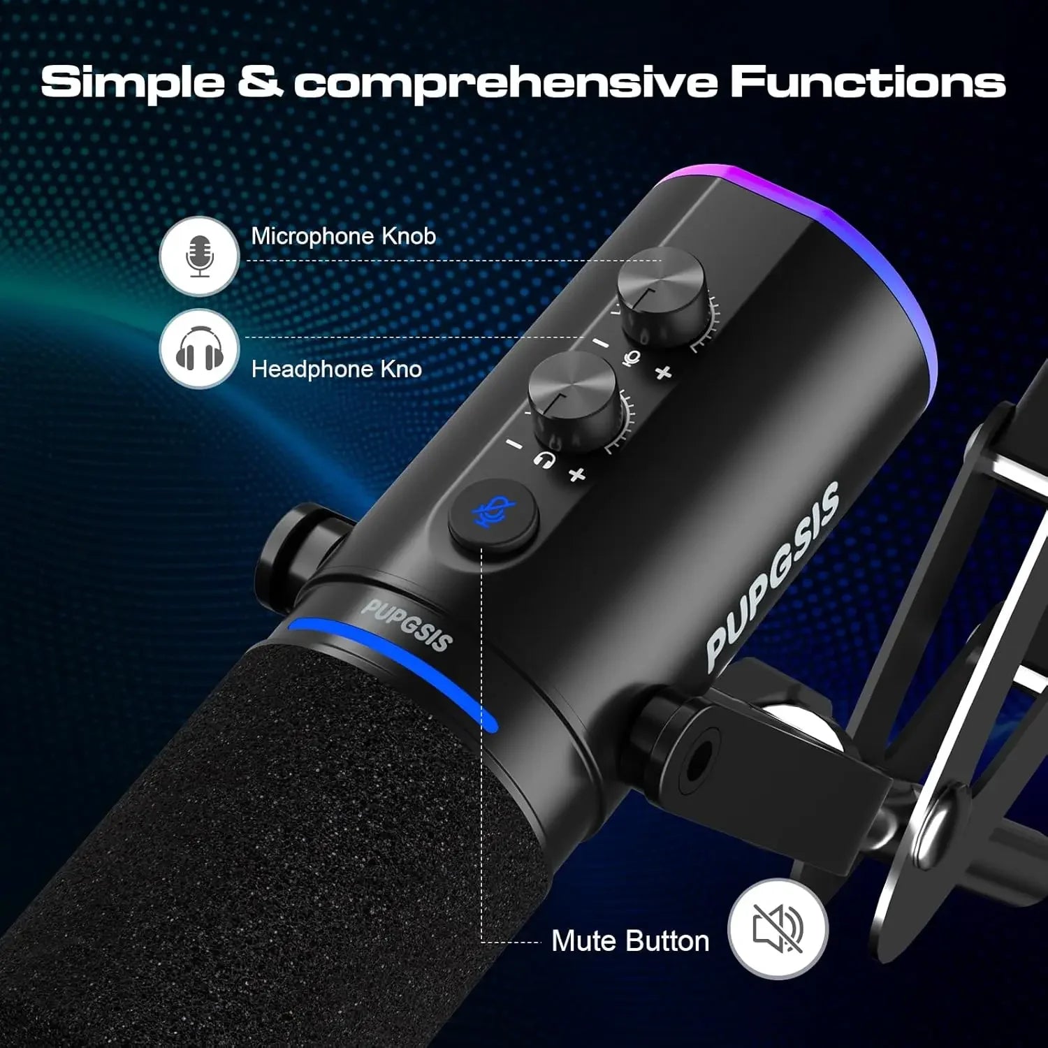 USB XLR Dynamic Microphone for Gaming Streaming and Podcast Recording with RGB Lighting