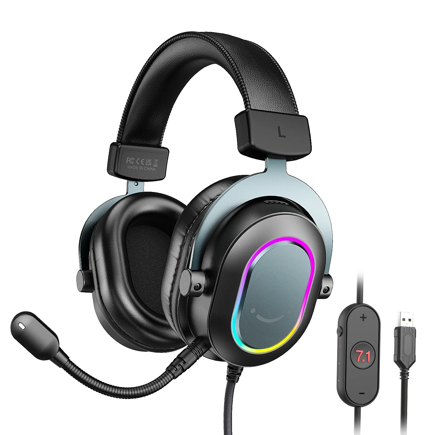 USB Gaming Headset with 7.1 Surround Sound RGB Mic 3 EQ Modes Line Control Plug and Play for PC PS5