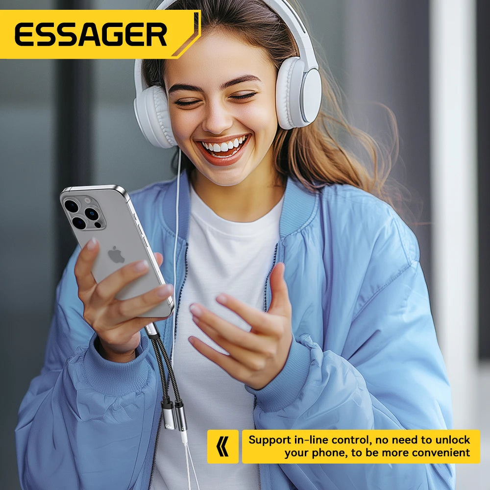 Essager 2-in-1 Type-C to 3.5mm AUX Audio Adapter with 60W PD Fast Charging for iPhone 16, Samsung
