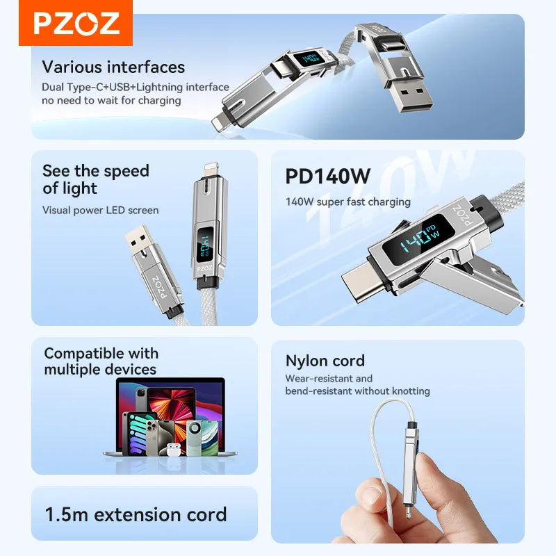 All in One USB C Fast Charging Data Cable and TF Card Reader for iPhone iPad MacBook Devices