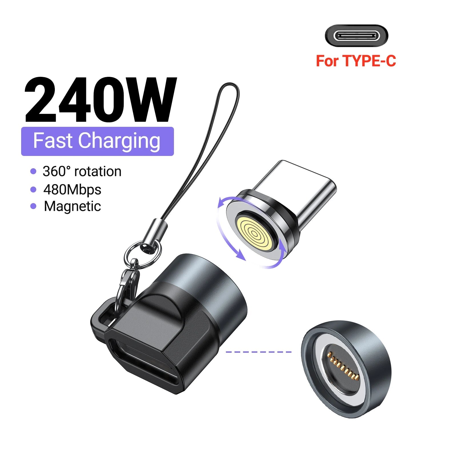 240W Mini Magnetic USB C Adapter Type C to Type C Fast Charging Data Converter Connector