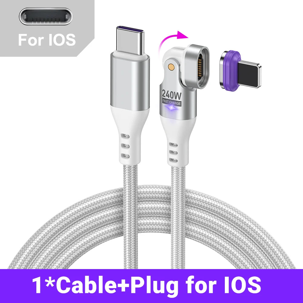 Magnetic 240W Fast Charging USB Cable with 180 Degree Rotation for iPhone and Type C Devices