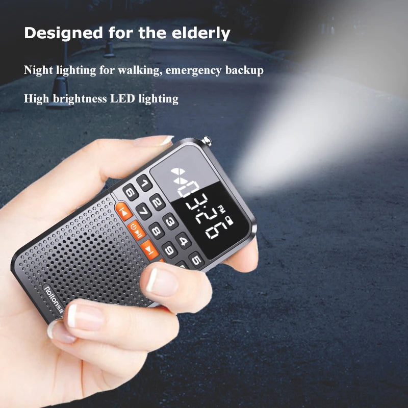 Mini Portable FM Radio and Speaker with LED Torch, Dual Antenna, TF Card, Rechargeable Battery