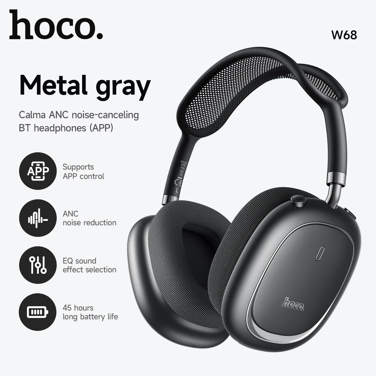 Wireless Over-Ear ANC Bluetooth Headphones with App Control and Built-In Microphone for Calls