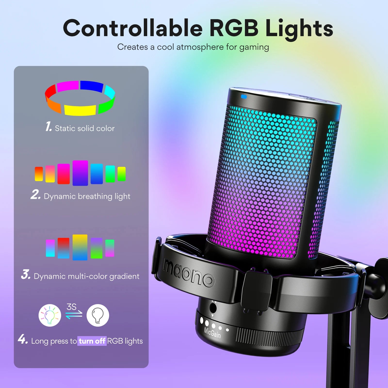 USB RGB Gaming Microphone Condenser Mic with Noise Reduction Gain Control One Key Mute