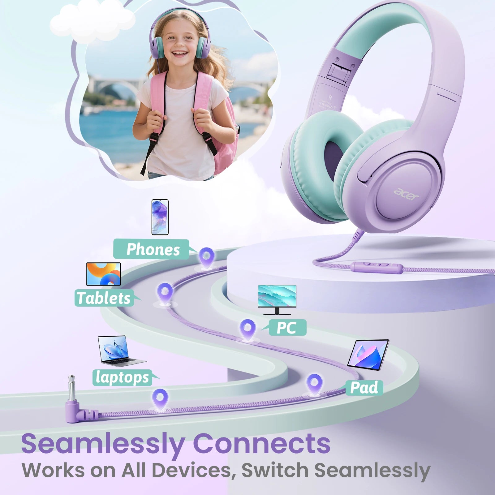 Kids Wired On Ear Headphones with Safe Volume Limiter and 3.5mm Jack for School and Play
