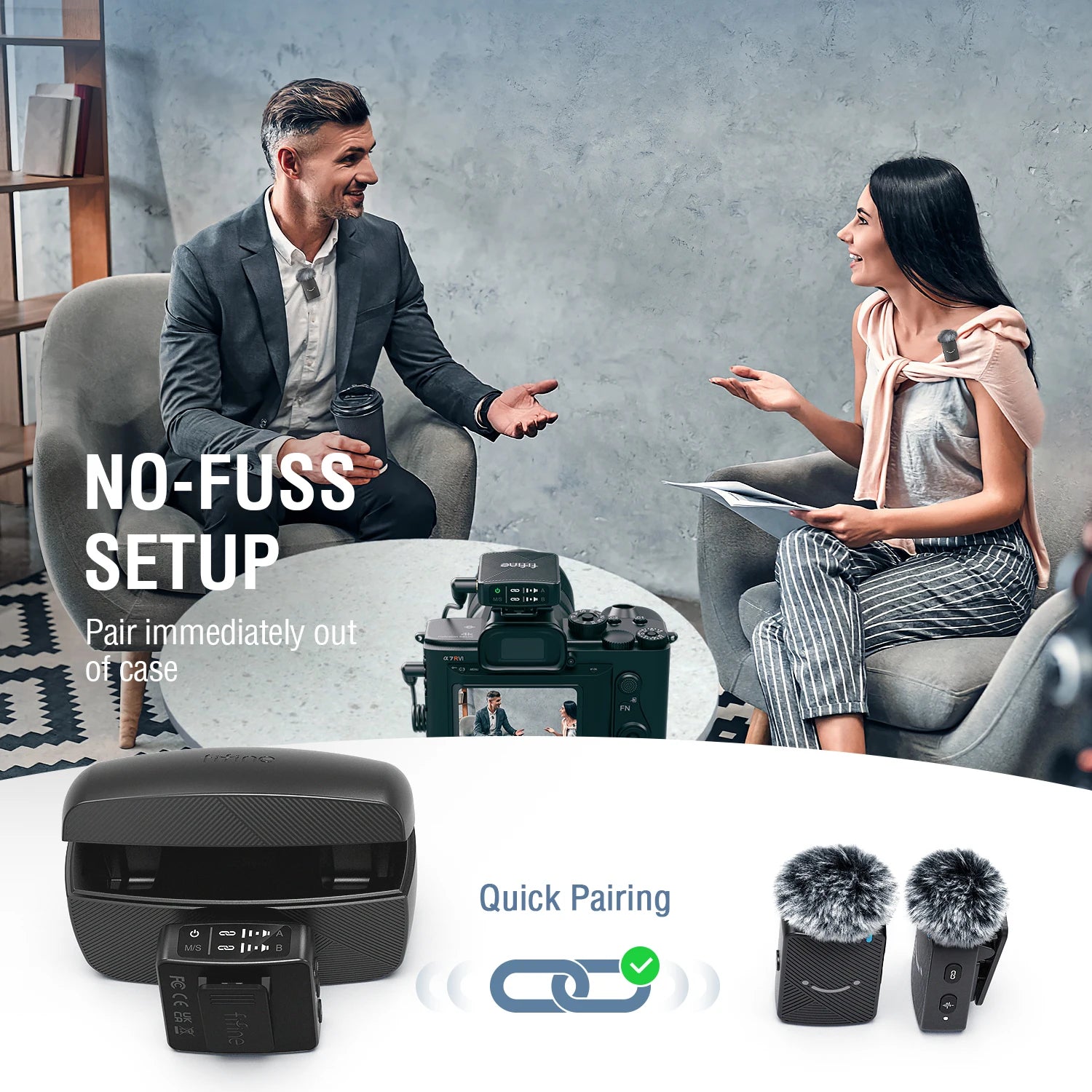 Dual Wireless Lavalier Microphone System with Charging Case 50m Range for Vlogging Interviews