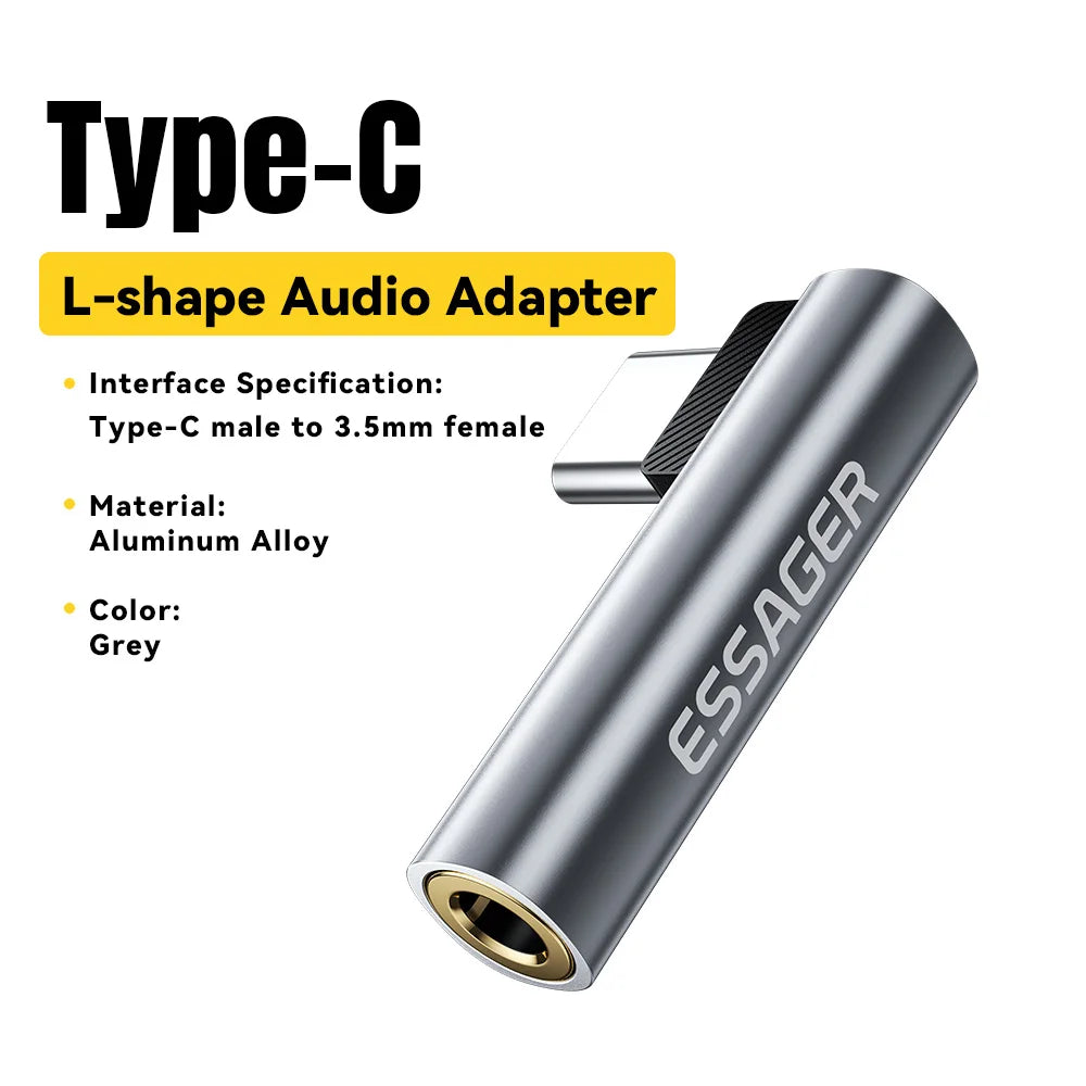 Essager L-Shape Type-C to 3.5mm Audio Adapter, Headphone Jack Converter for iPhone and Samsung