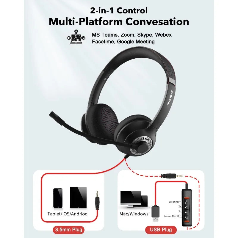USB Wired Headset with Noise Cancelling Microphone and In-line Controls for Home Office