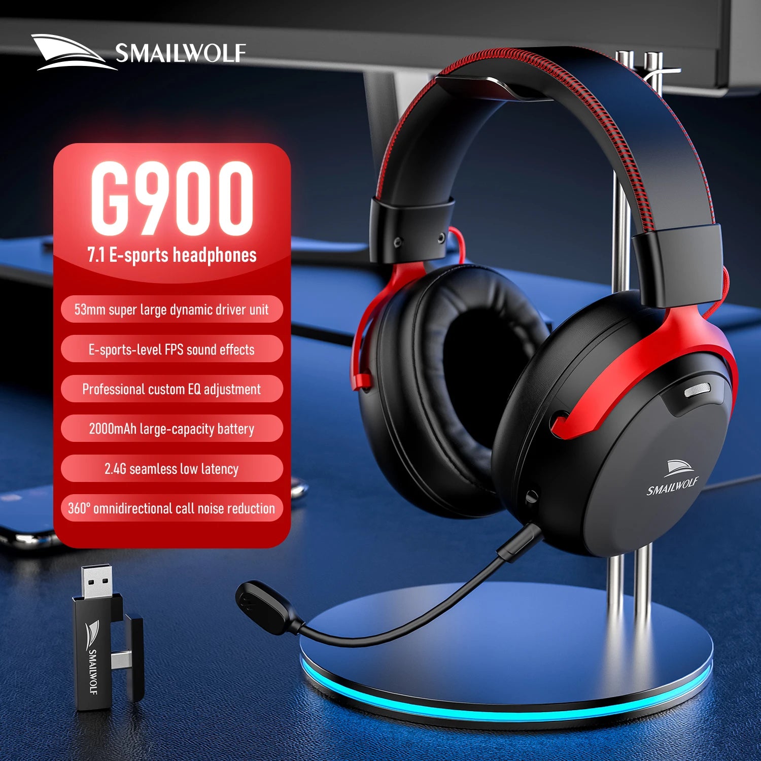Wireless Gaming Headset with Bluetooth 7.1 Surround Sound and Noise Cancelling Microphone