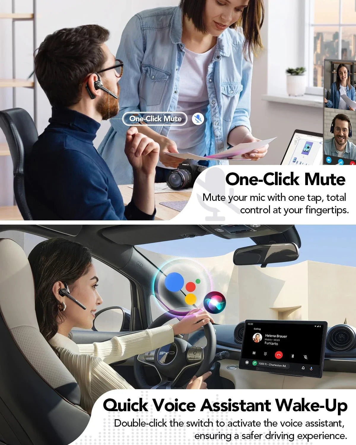 Open Ear Bluetooth Headset with ENC Noise Cancelling Microphone and Long Battery Life