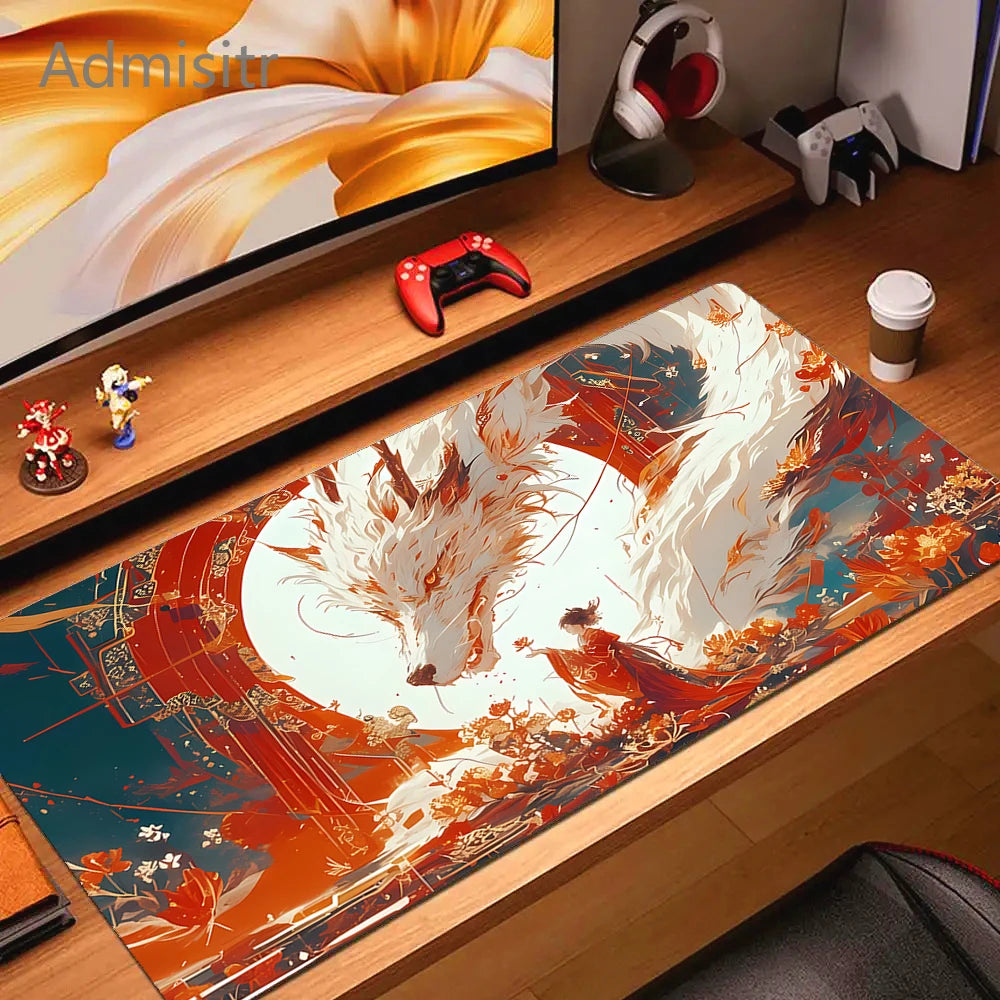 Kawaii Anime Pink Fox Mouse Pad Extra Large Natural Rubber Non-Slip Desk Mat for Gaming and Office
