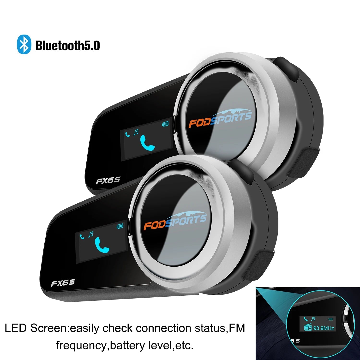 Bluetooth Motorcycle Helmet Intercom Headset with LED Display, FM Radio and 6 Rider Connection