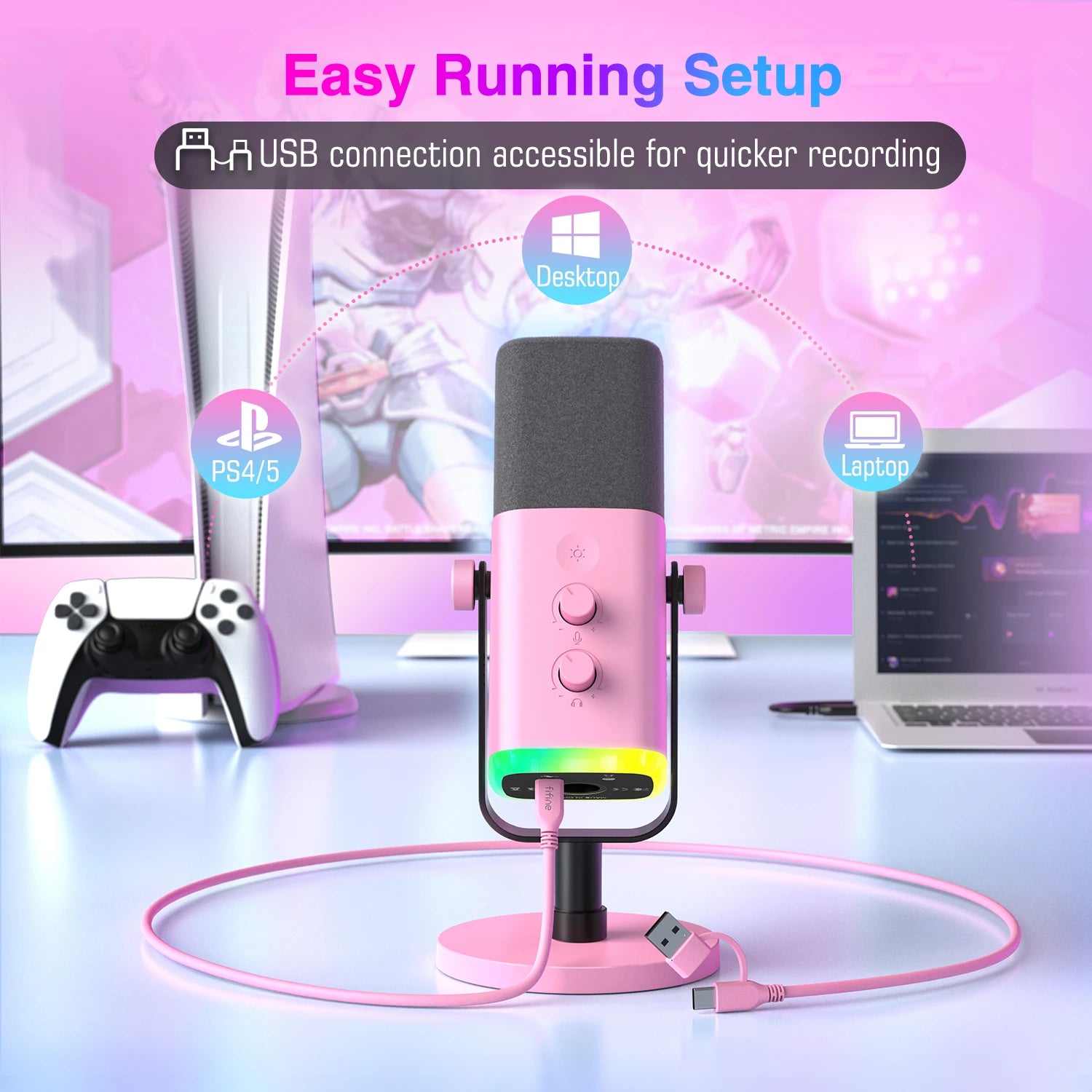 USB/XLR Dynamic Gaming Microphone with RGB Control, Headphone Jack, Touch Mute for Streaming