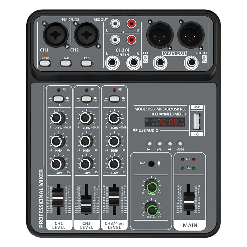 4-Channel USB Audio Mixer with Bluetooth & 48V Phantom Power for Studio, DJ & Karaoke