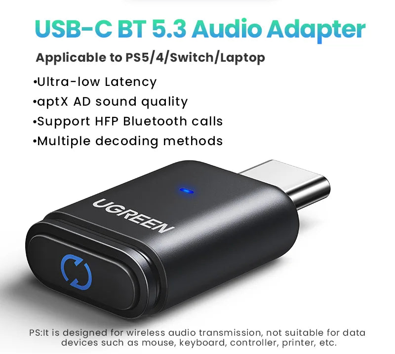 USB-C Bluetooth 5.3 Audio Transmitter with aptX HD for PC Nintendo Switch Headset Speaker