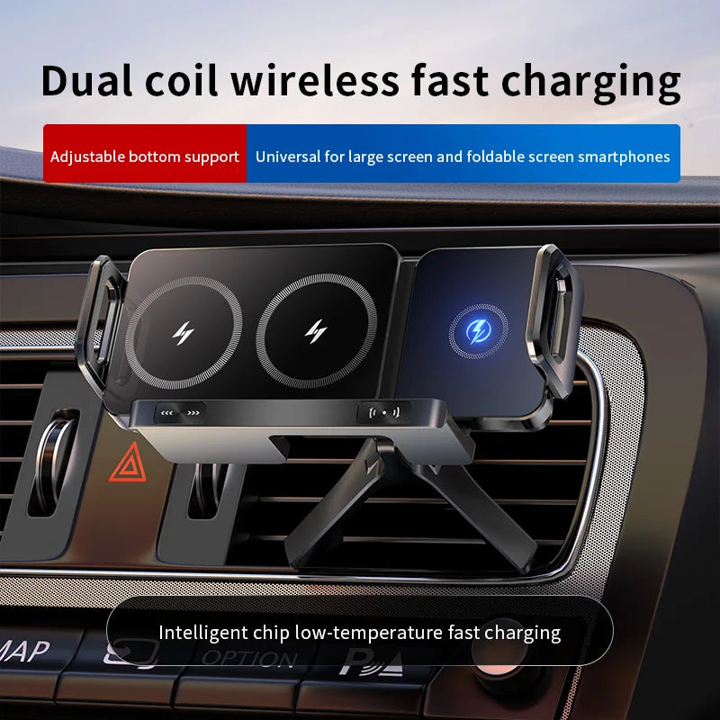 Dual Coil Foldable Wireless Car Charger and Phone Mount with Fast Charging Compatibility