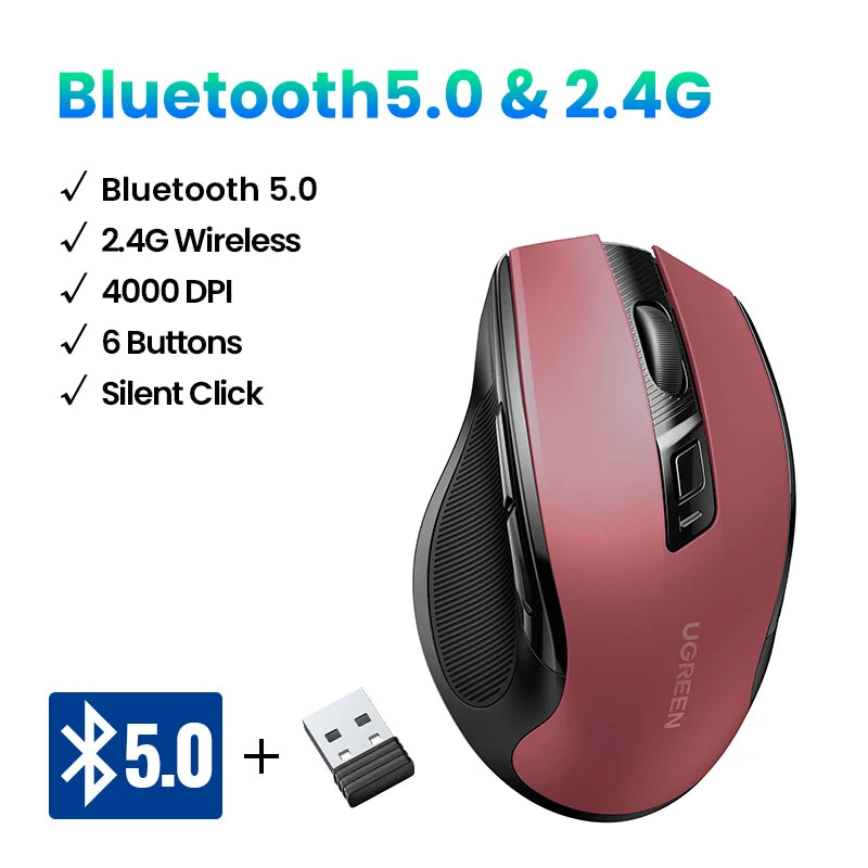 Wireless Bluetooth 5.0 & 2.4GHz Ergonomic Mouse 4000 DPI Silent Clicks for Laptop PC Tablet