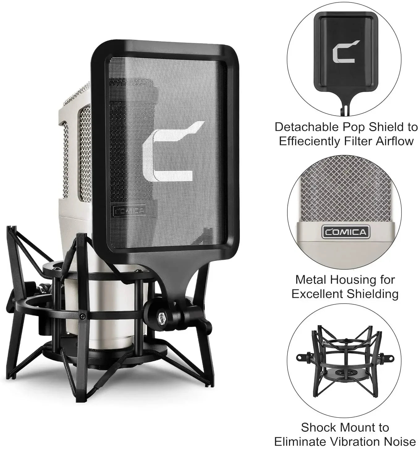 Professional Studio XLR Condenser Cardioid Microphone with Large Diaphragm and Pop Shield