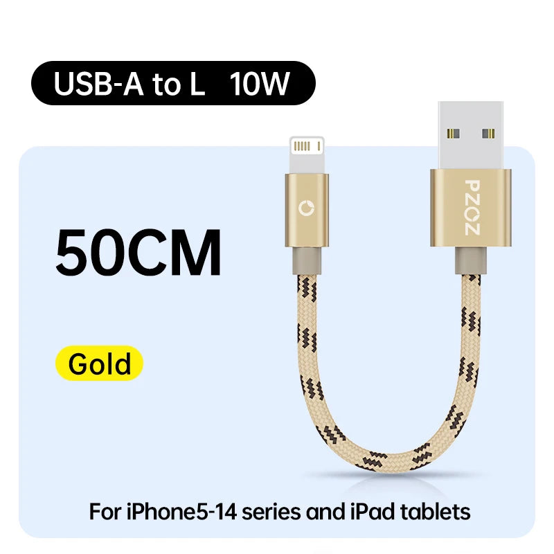 Short USB Charging Cable 25cm 50cm 1m Fast Charge Nylon Data Cord Compatible with iPhone Devices