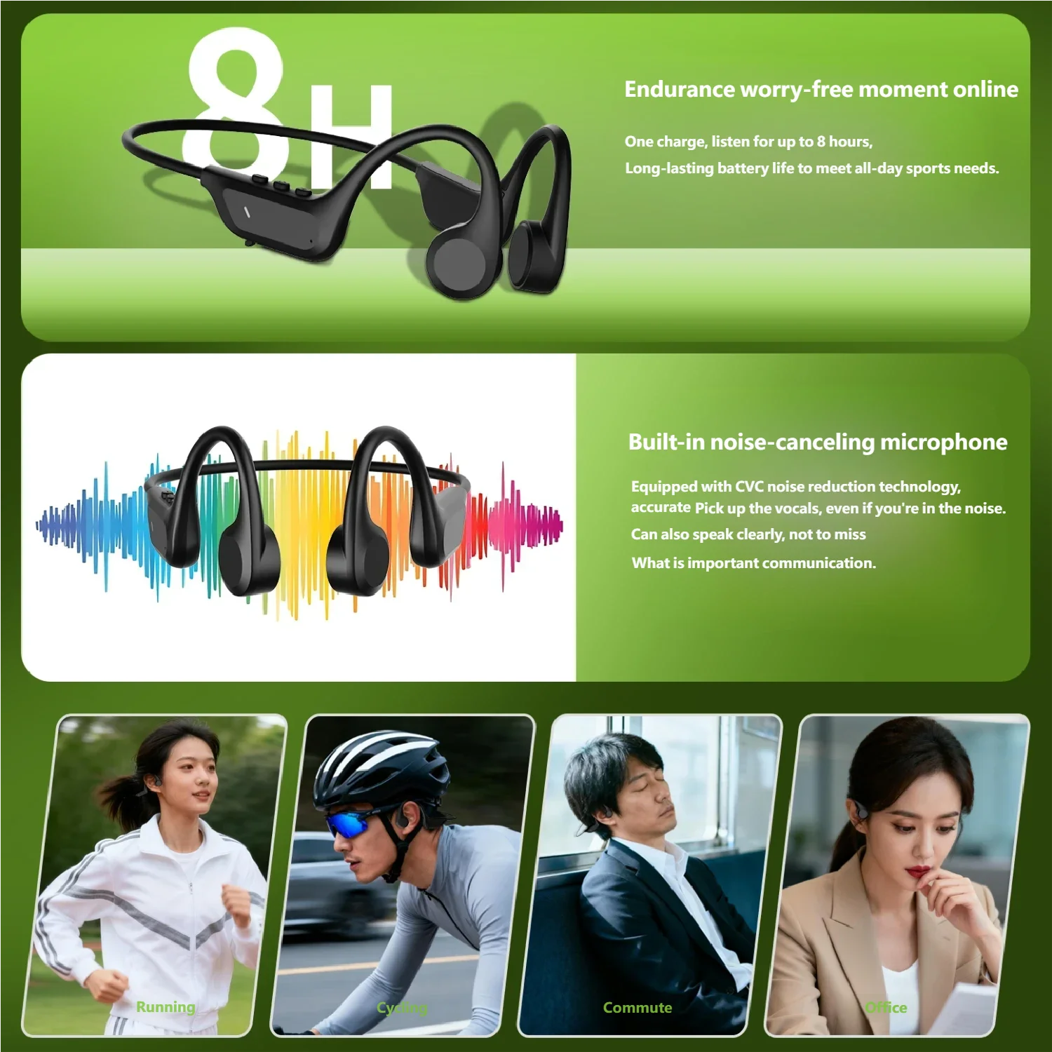 Bone Conduction Bluetooth 5.4 Wireless Sports Earphones with Mic and Waterproof Design