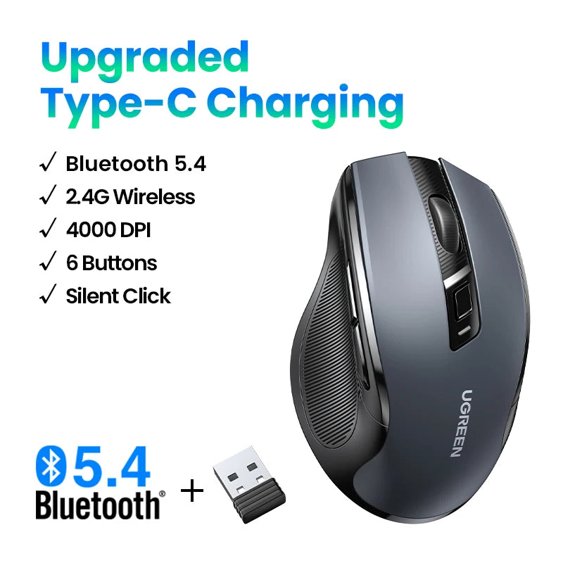 Wireless Bluetooth 5.0 & 2.4GHz Ergonomic Mouse 4000 DPI Silent Clicks for Laptop PC Tablet