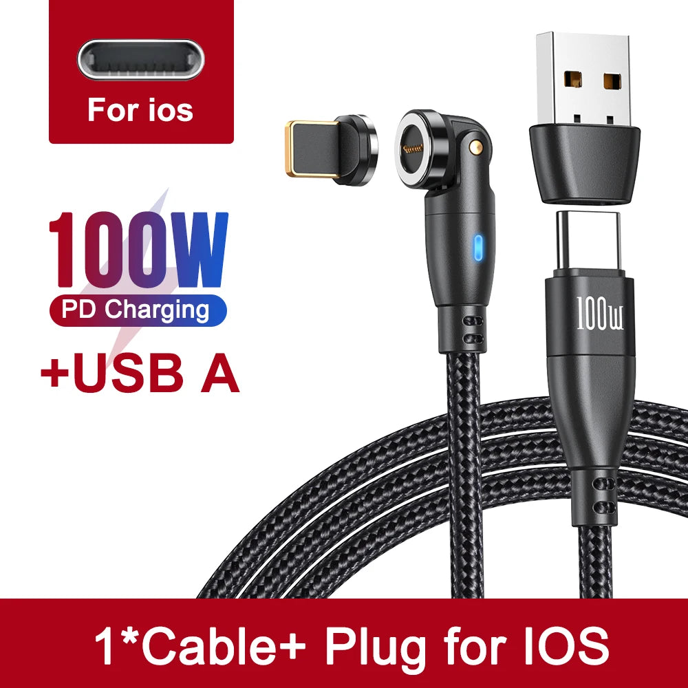 540 Degree Magnetic Fast Charging USB Type C Cable with 5A PD100W Power and 3 Tips