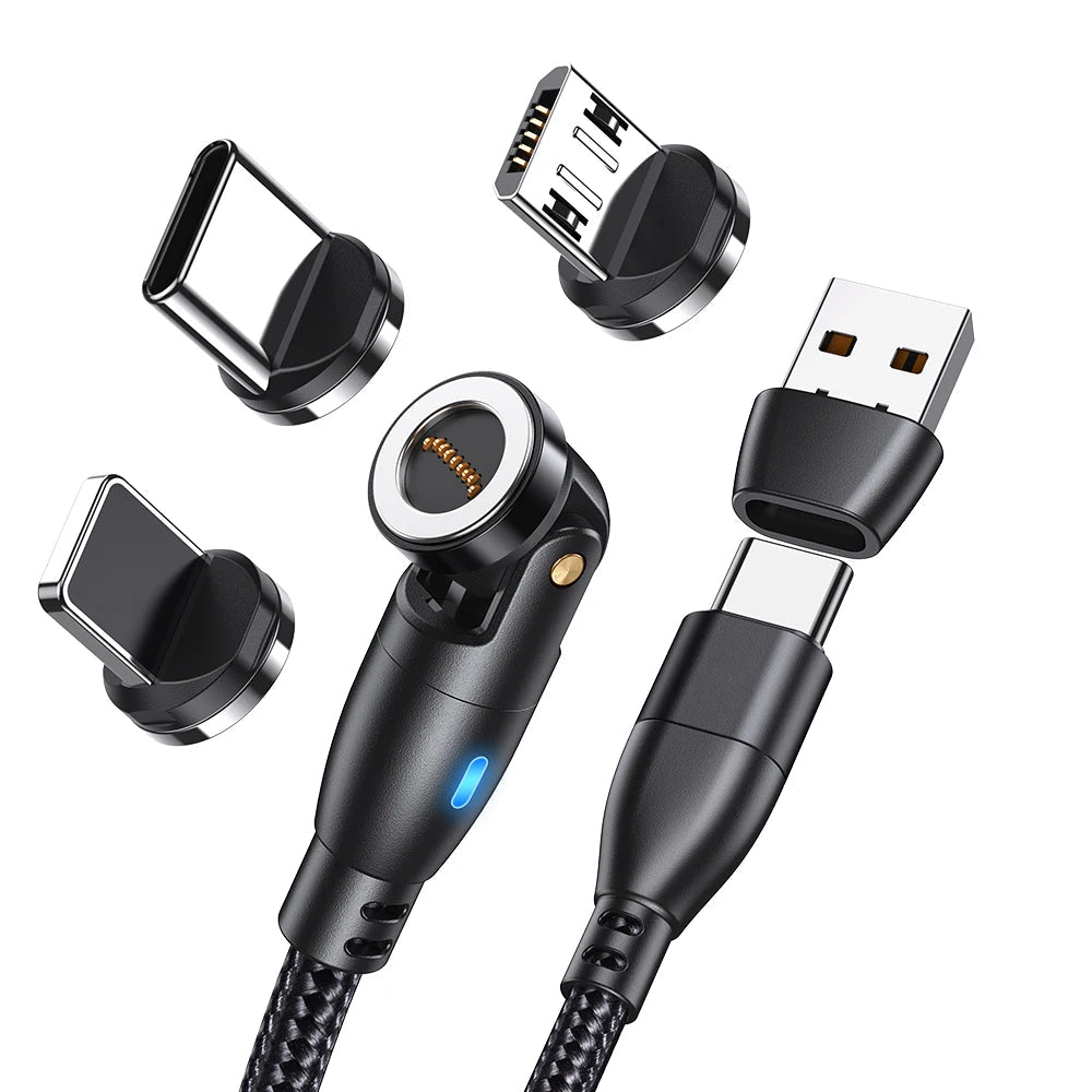 540 Degree Magnetic Fast Charging USB Type C Cable with 5A PD100W Power and 3 Tips