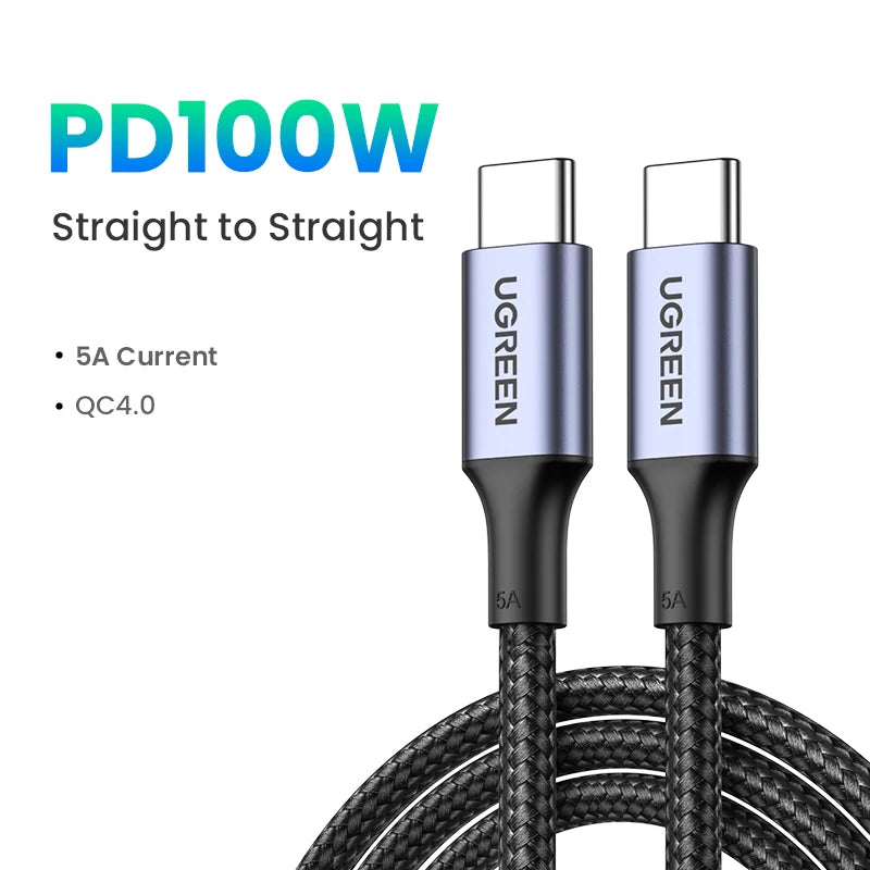 100W USB-C to USB-C Fast Charging Cable 5A Power Delivery Lead for Laptops Tablets Phones