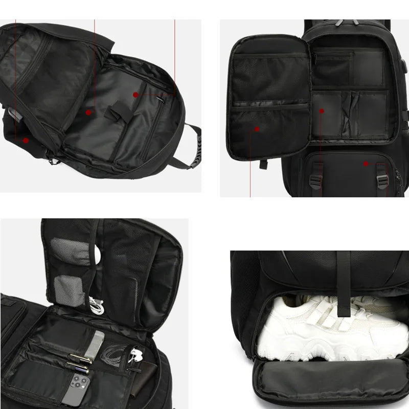 Large capacity outdoor backpack with USB charging and multiple compartments for travel hiking camping