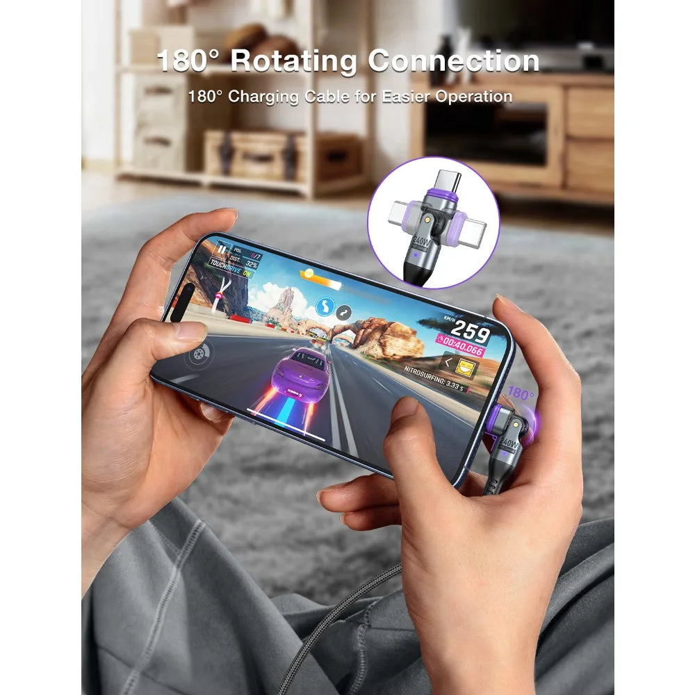 Magnetic 240W Fast Charging USB Cable with 180 Degree Rotation for iPhone and Type C Devices