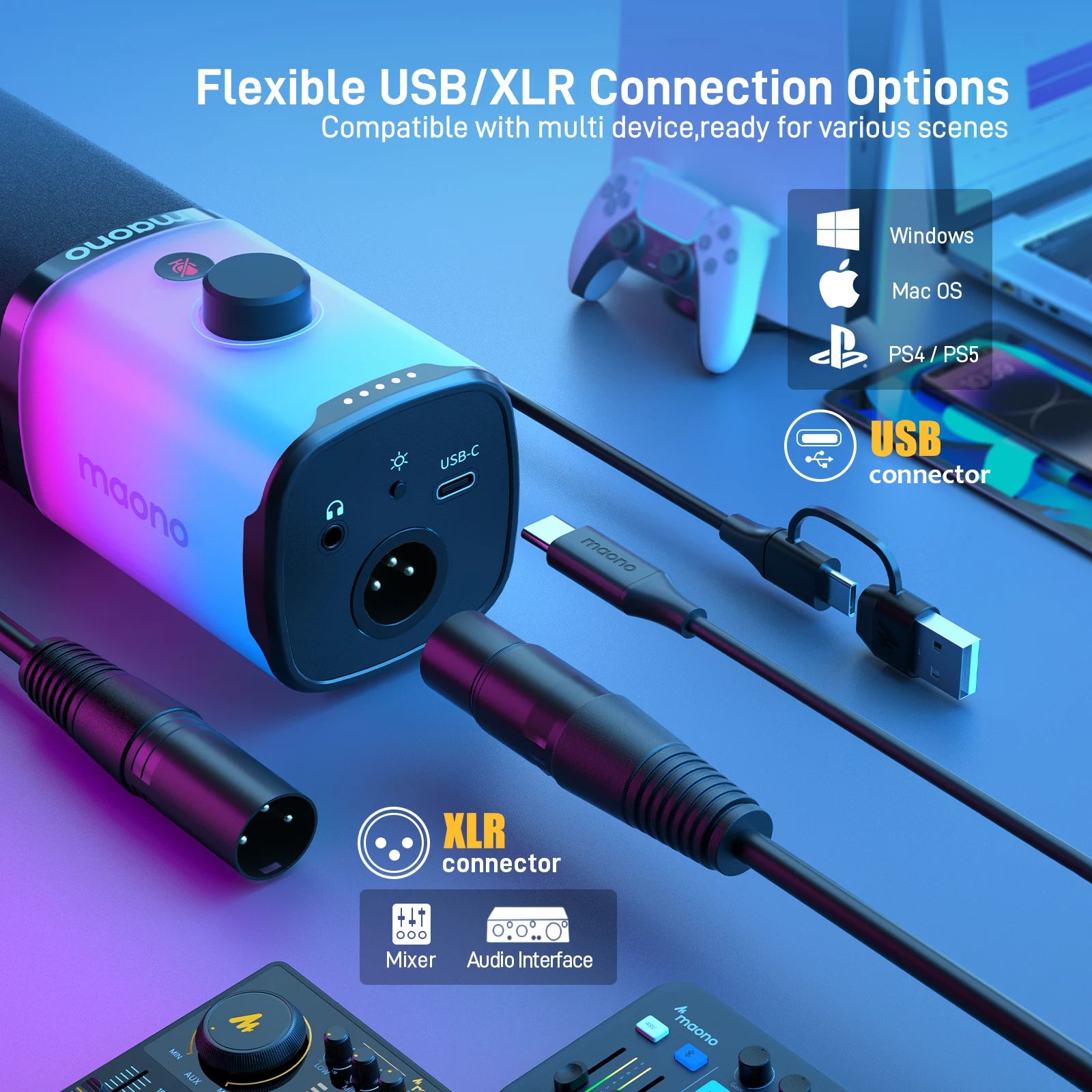 MAONO PD100X USB/XLR Dynamic Microphone with RGB, Noise Reduction & Headphone Jack for Gaming