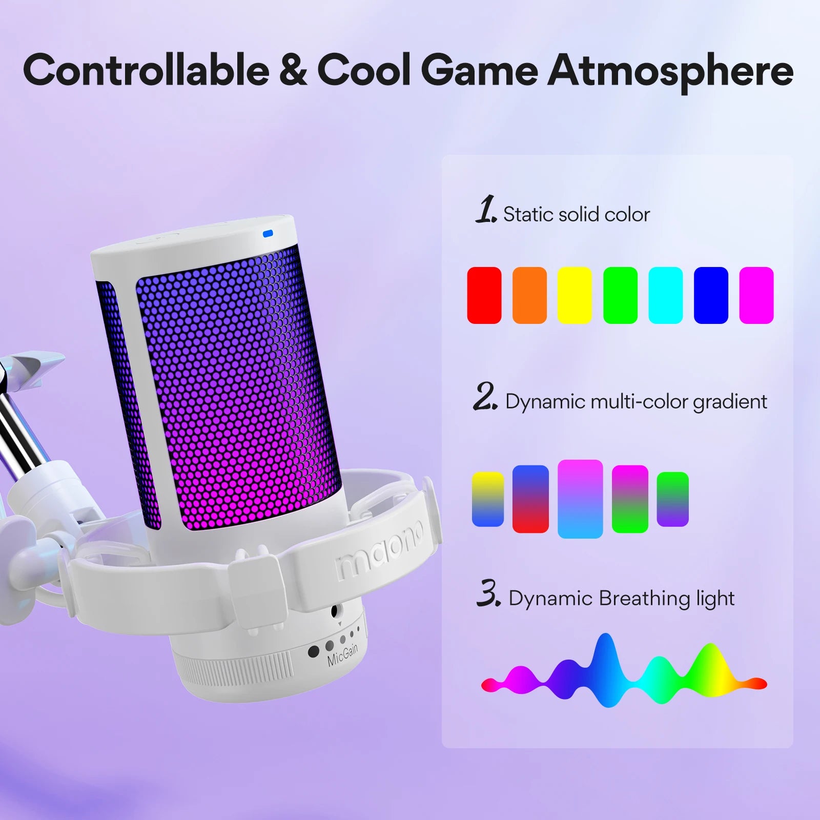 USB Gaming Microphone RGB Lighting, Noise Cancelling, Gain Control & One-Touch Mute for Streaming