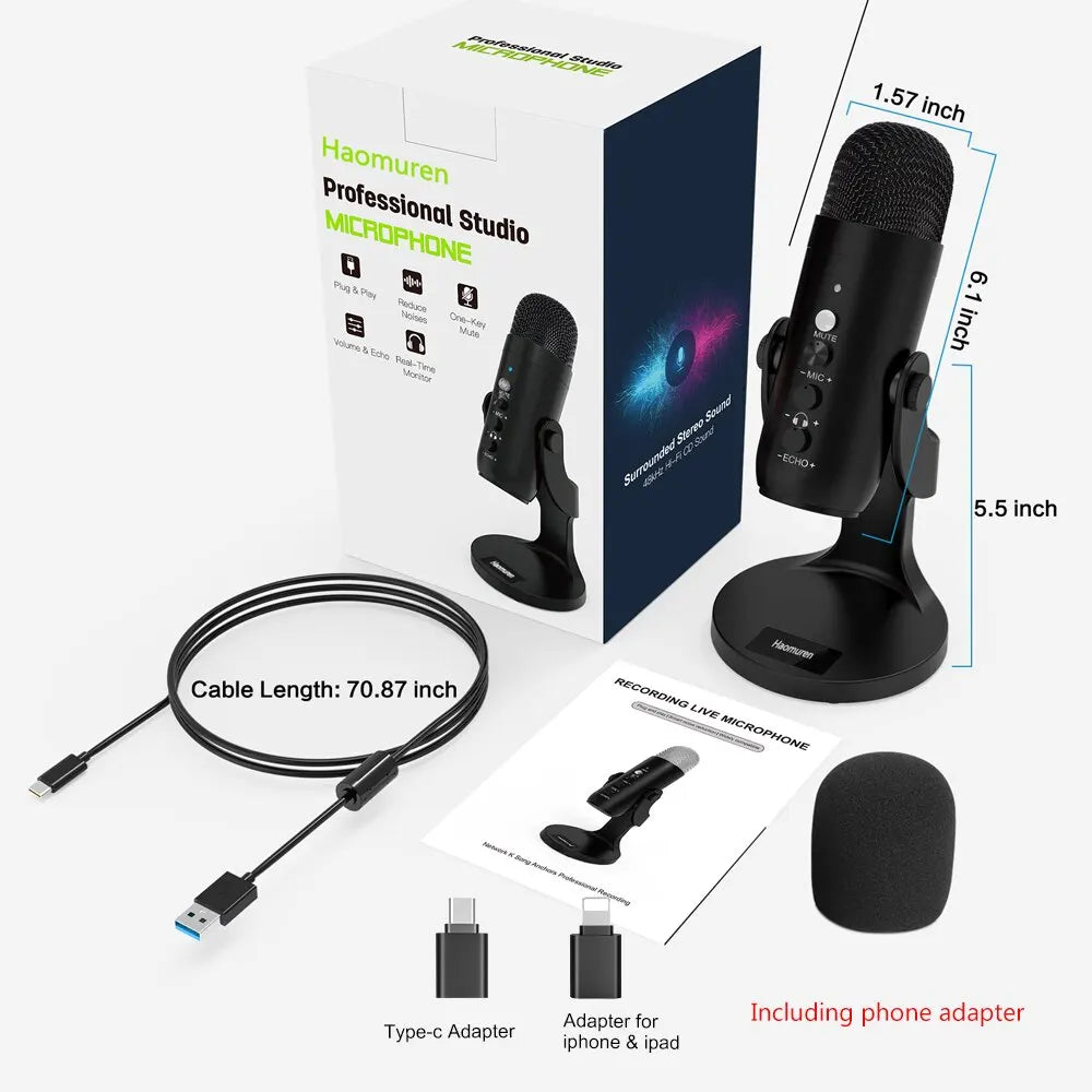 Haomuren USB Condenser Microphone with Headphone Output & Phone Adapter for PC, Mac & Gaming