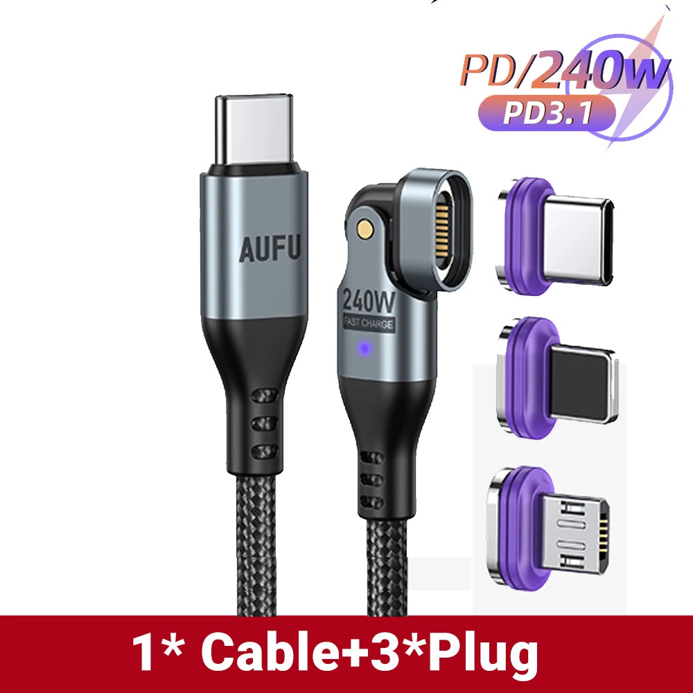 Magnetic 240W Fast Charging USB Cable with 180 Degree Rotation for iPhone and Type C Devices