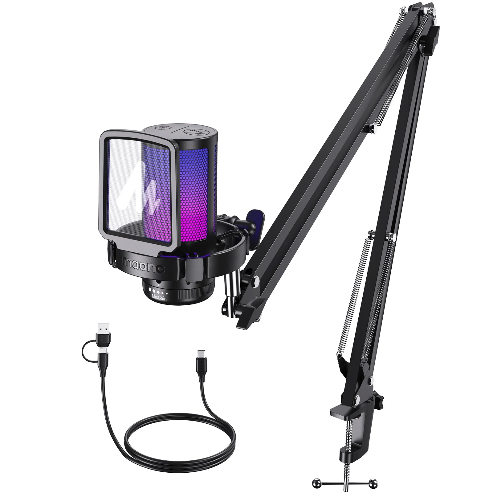 USB Gaming Microphone RGB Lighting, Noise Cancelling, Gain Control & One-Touch Mute for Streaming