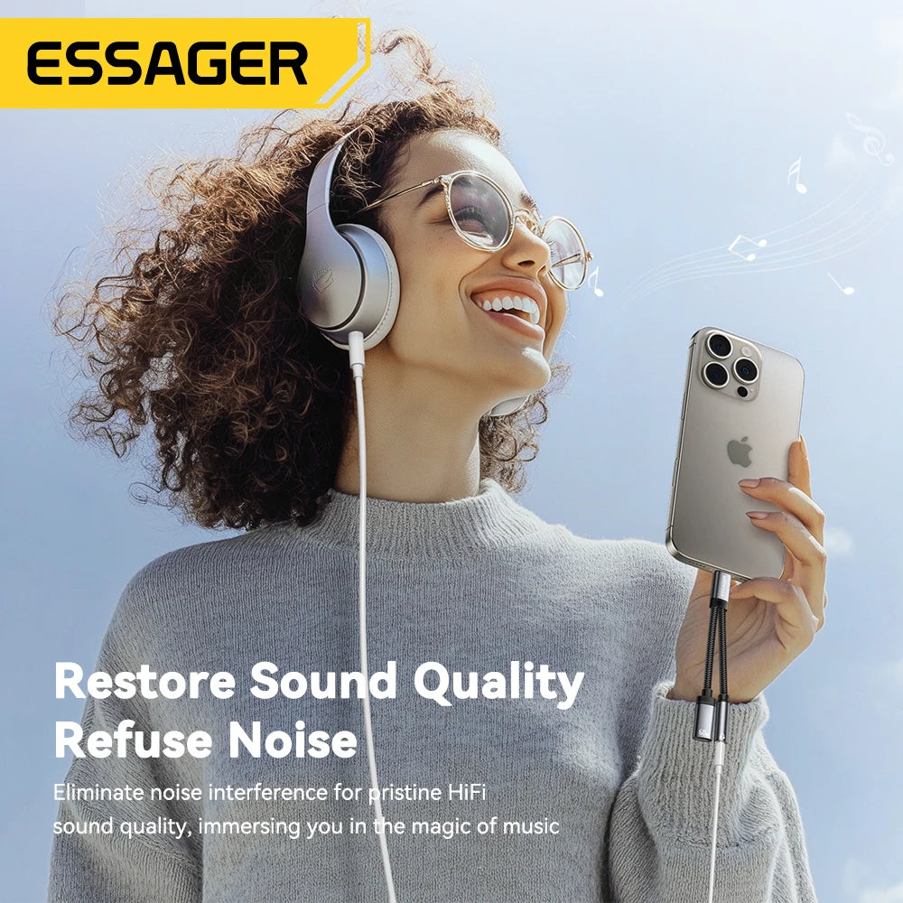 Essager 2-in-1 Type-C to 3.5mm AUX Audio Adapter with 60W PD Fast Charging for iPhone 16, Samsung