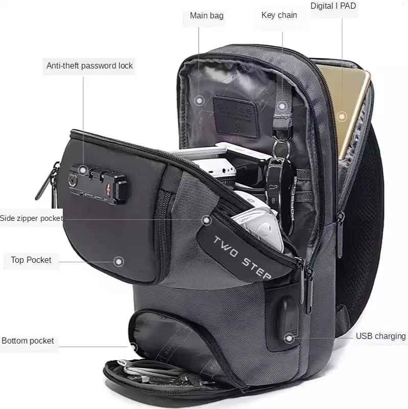 Men’s Business Tech Anti-Theft Water Resistant Chest Crossbody Bag with USB Charging Port