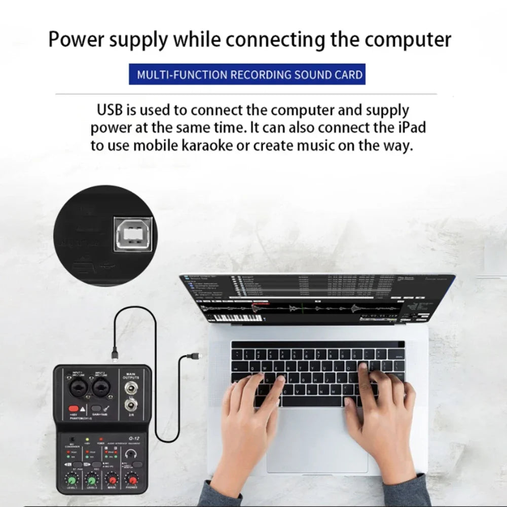 2 Channel Portable USB Audio Interface Mixer for Studio Recording and Live Performance