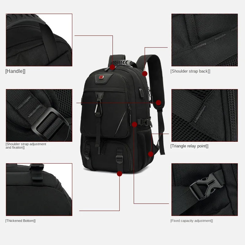 Large capacity outdoor backpack with USB charging and multiple compartments for travel hiking camping
