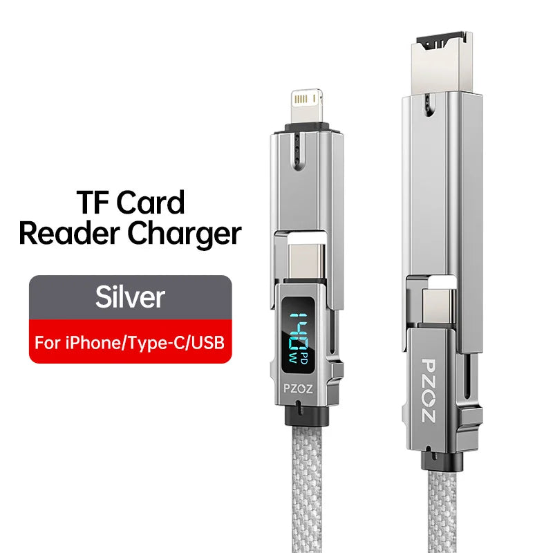 All in One USB C Fast Charging Data Cable and TF Card Reader for iPhone iPad MacBook Devices