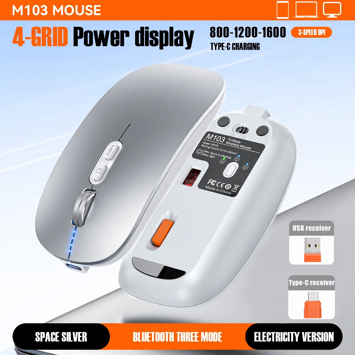 Bluetooth Dual Mode Wireless Mouse with Silent Click and Rechargeable Battery for Laptop