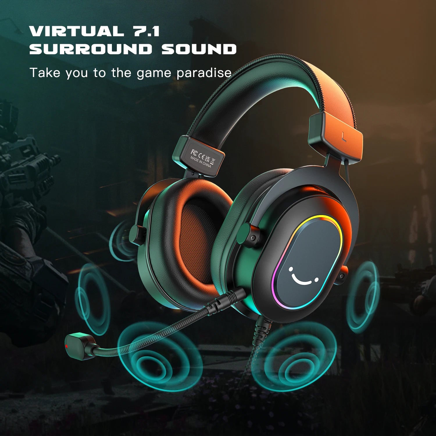 USB Gaming Headset with 7.1 Surround Sound RGB Mic 3 EQ Modes Line Control Plug and Play for PC PS5