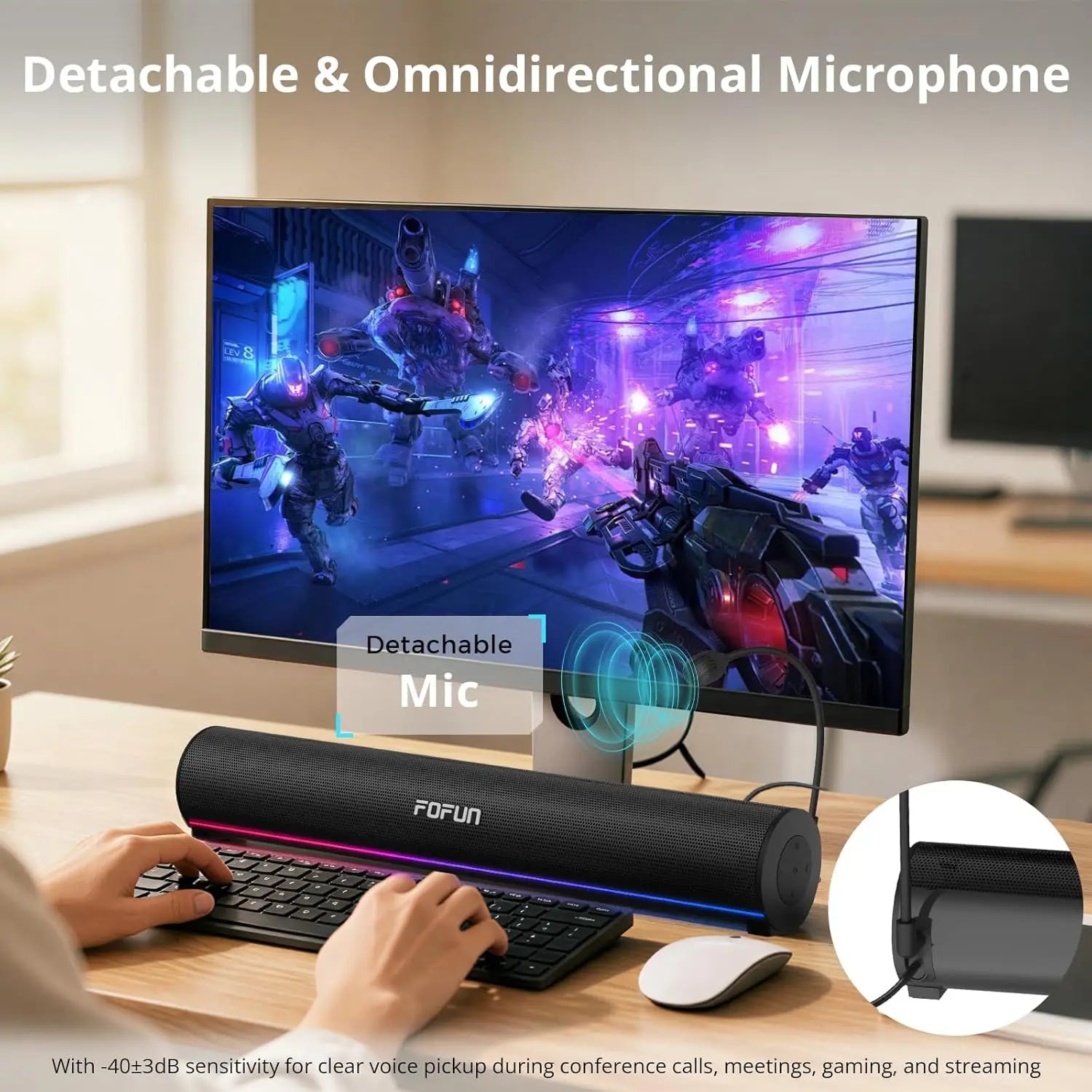 Bluetooth 6.0 Computer Soundbar with Stereo Speakers and Detachable Microphone for PC