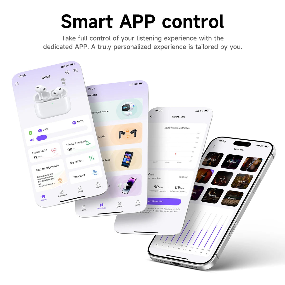 True Wireless Earbuds with ANC Heart Rate Monitor Bluetooth AI Translation Long Battery Life