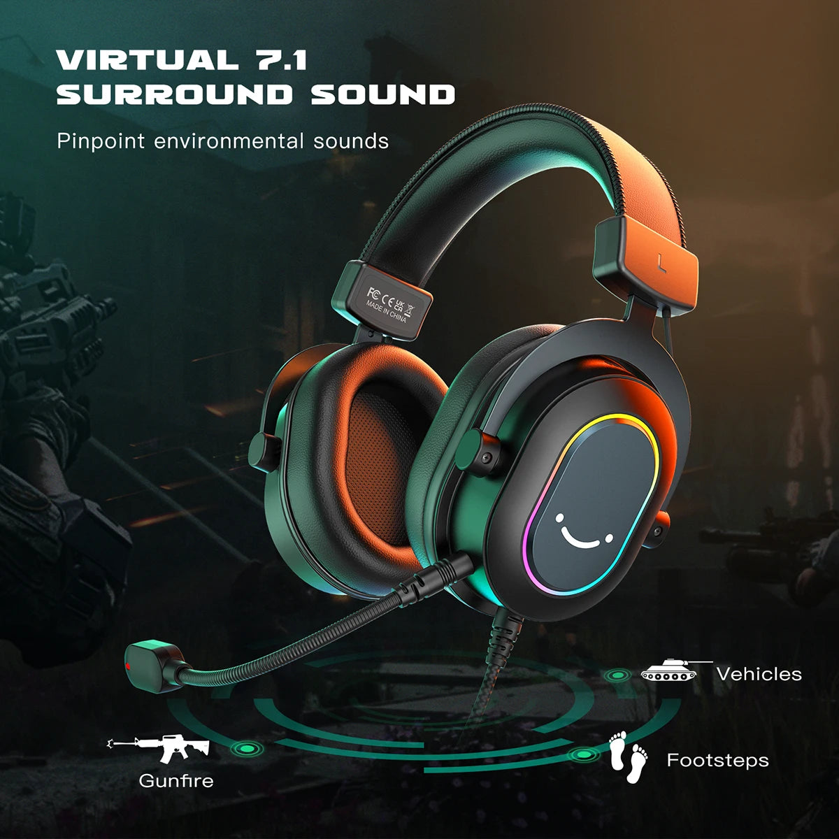 7.1 Surround Sound RGB Gaming Headset with Mic USB Over-Ear Headphones and 3 EQ Modes