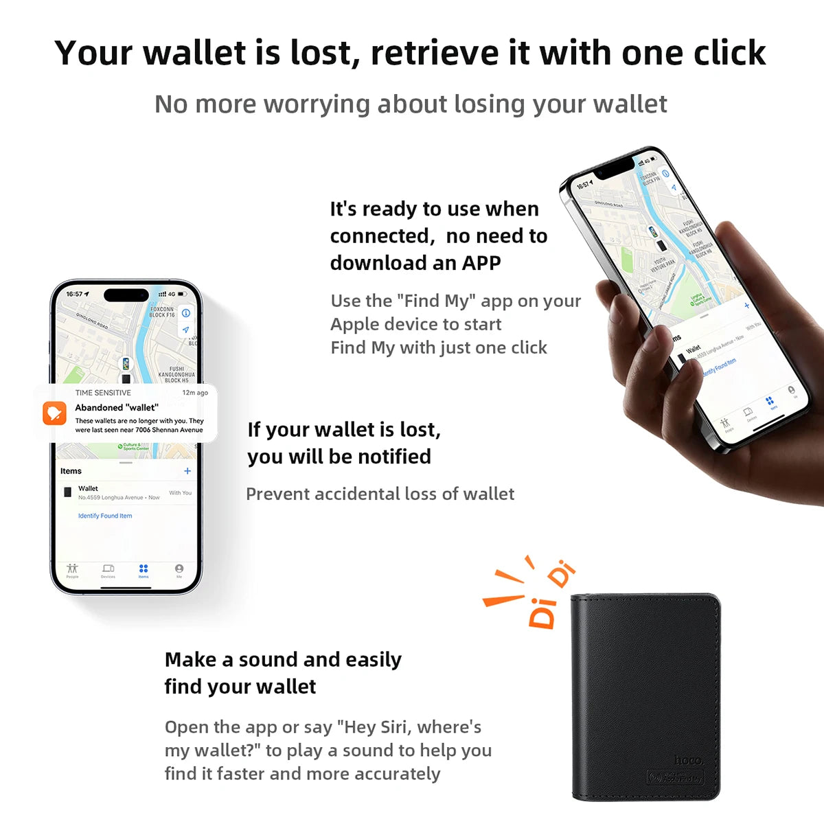 Large Capacity Smart Wallet Card Holder with Apple Find My Network GPS and Wireless Charging